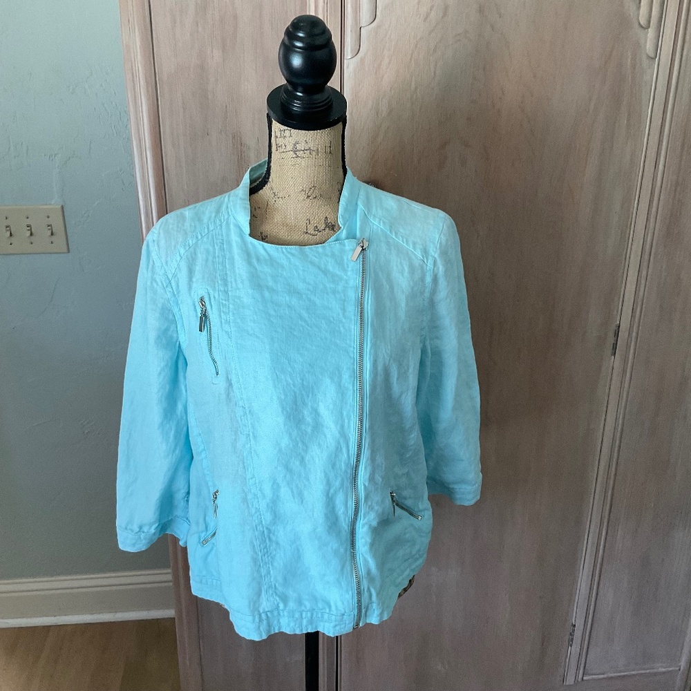 Chico's linen sky blue zip-front moto jacket L turquoise Large